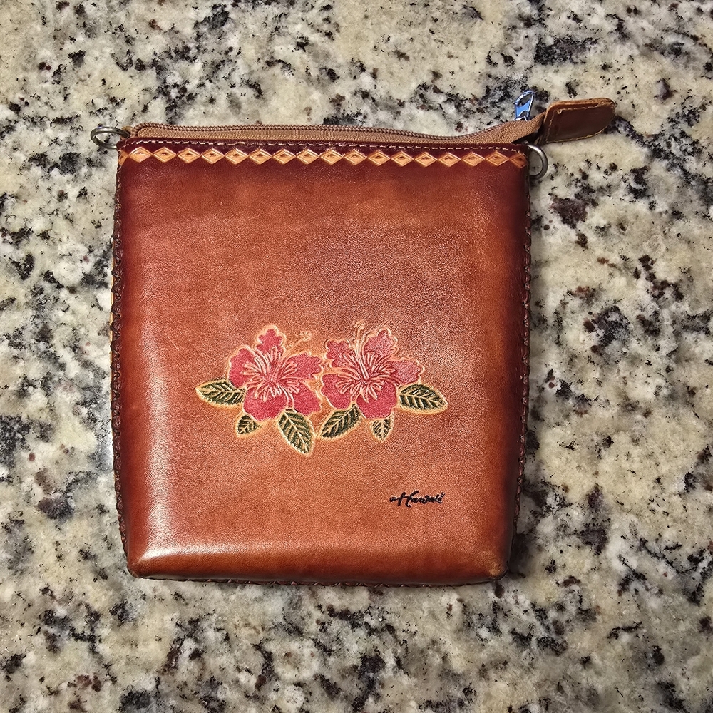 Leather Tan Floral Bag Hibiscus Print
